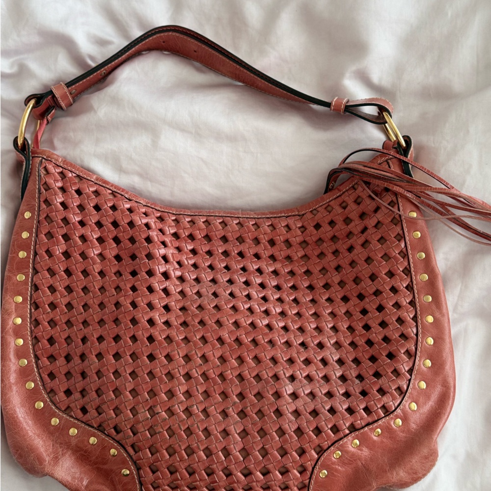Tous Pink Woven Leather Shoulder Bag with Gold Accents